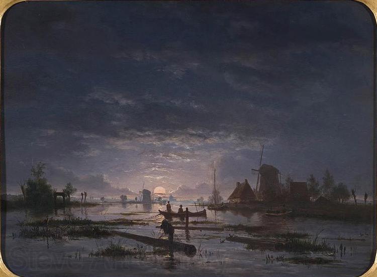 Jacob Abels An Extensive River Scene with Fishermen at Night